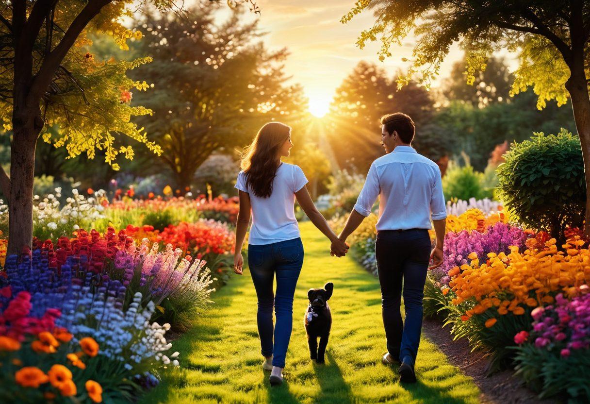 A couple holding hands while walking through a blooming garden, surrounded by bright, colorful flowers that symbolize love and connection. In the background, a golden sunset casts a warm glow, enhancing the romantic atmosphere. Their silhouettes reflect intimacy and companionship, inviting the viewer to explore their journey of deepening connections. 3D. vibrant colors. soft focus.