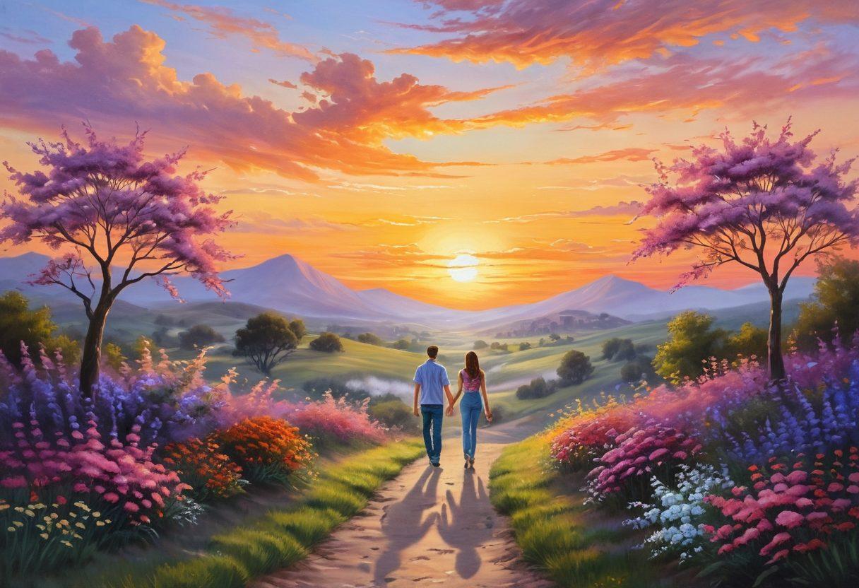 A winding path adorned with blooming flowers symbolizing affection, transitioning to a radiant sunset representing devotion. A couple walking hand in hand, gazing into each other's eyes, surrounded by gentle heart motifs in the sky. The scene evokes a sense of warmth and connection, capturing the essence of lasting romance. soft pastel colors. romantic ambiance. painting.