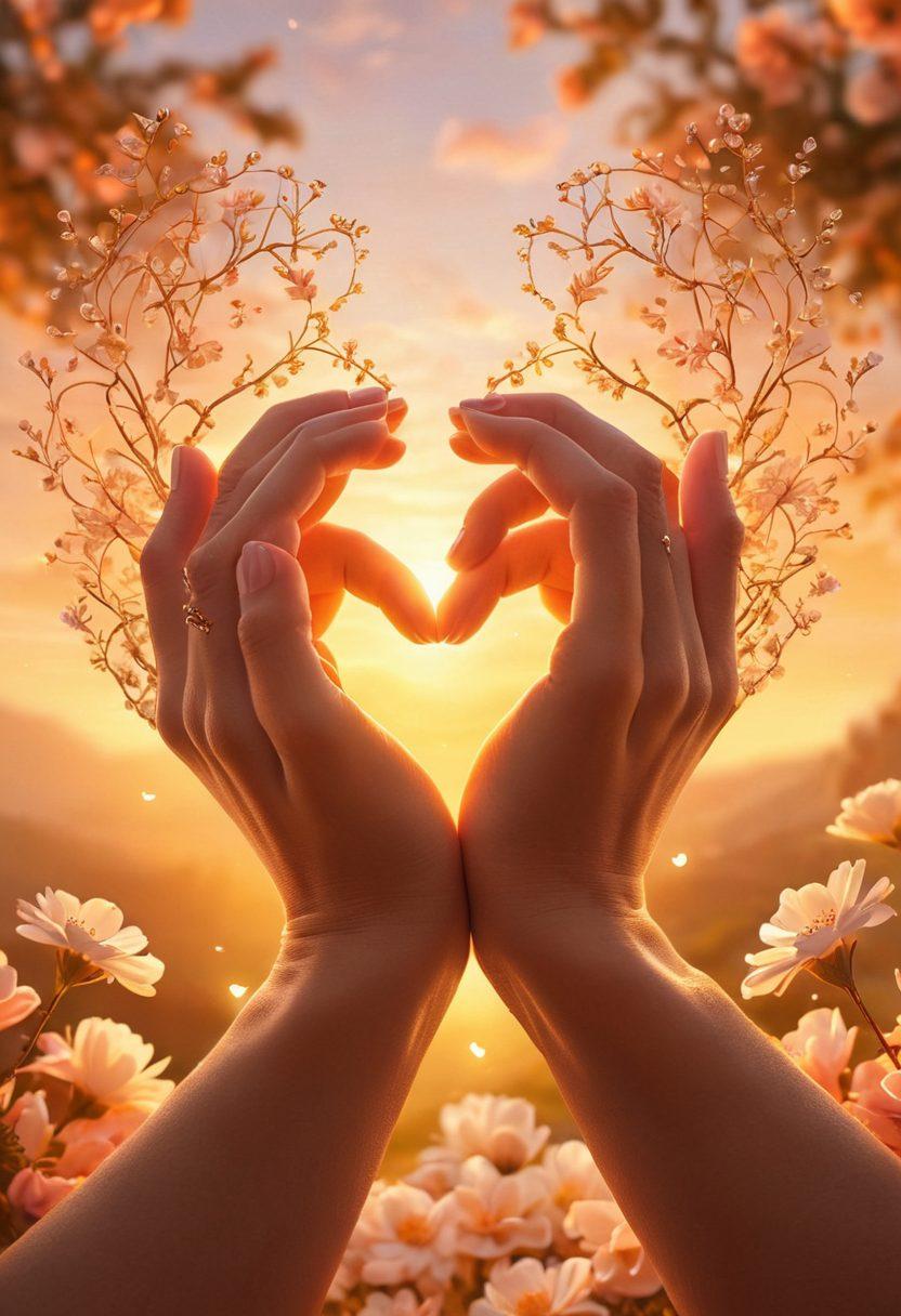 A warm and inviting scene of two hands intertwined, symbolizing connection and partnership, surrounded by soft glowing hearts in the background. Delicate floral elements weave through the image, representing growth in love, with a gentle sunset casting a golden light over the scene. super-realistic. vibrant colors. soft focus.